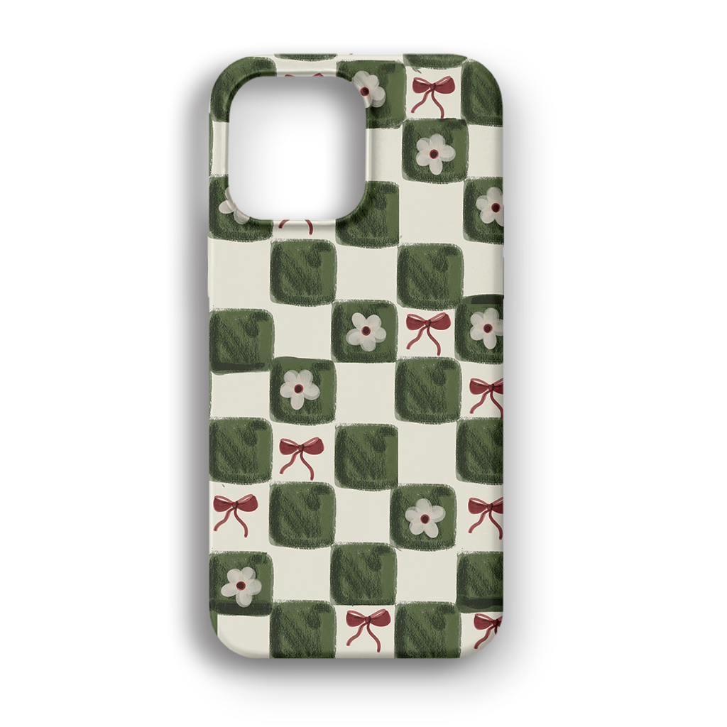Green Checkered Bow & Flower - Lüks Kadife İç Kaplamalı Koruyucu Kılıf (K 105)
