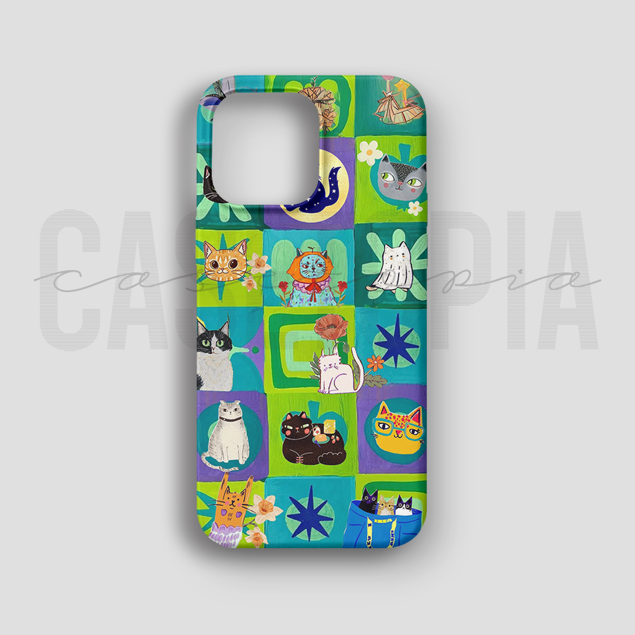 Colorful Cat Patchwork - Lüks Kadife İç Kaplamalı Koruyucu Kılıf (K 104)