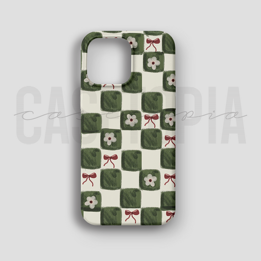 Green Checkered Bow & Flower - Lüks Kadife İç Kaplamalı Koruyucu Kılıf (K 105)