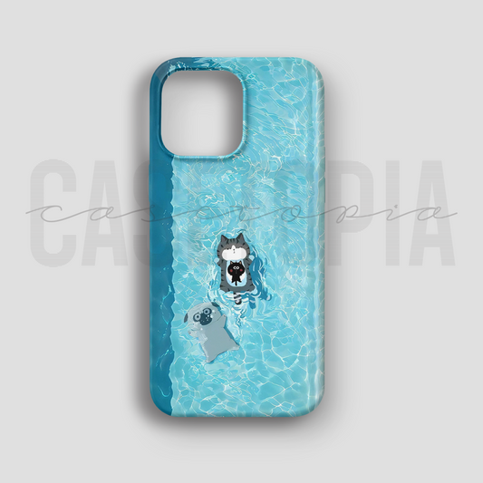 Pool Party Cat & Pug - Lüks Kadife İç Kaplamalı Koruyucu Kılıf (K 299)